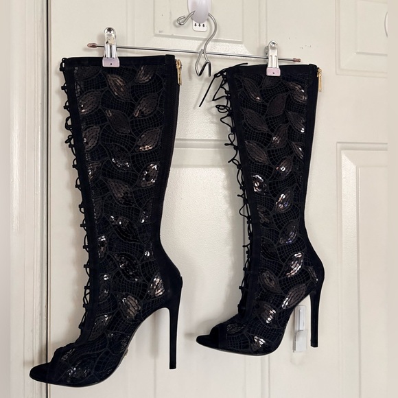 Schutz Black Sequin Embellished Open Toe Boots Size 7B - Picture 2 of 16